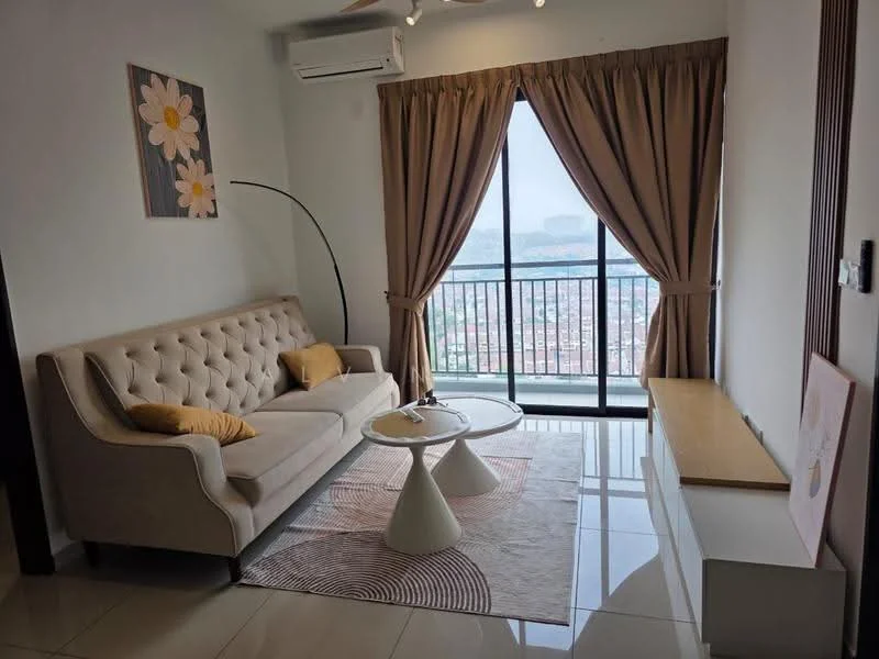 Living features: beige tufted fabric sofa, yellow accent pillow, white coffee table, area rug with geometric pattern, wall-mounted TV console, floor-to-ceiling windows, curtains in light brown, 5-blade ceiling fan with light, air conditioning unit, framed artwork with floral design, decorative floor lamp; style: modern; view: city.
