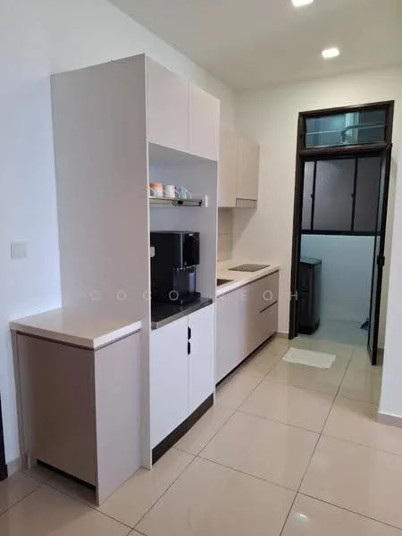 Kitchen features: white cabinetry with flat-panel doors, black countertop, built-in coffee machine, ceramic tile flooring, recessed ceiling lights, single-bowl stainless-steel sink, wall-mounted cabinets, open shelving, window for natural light; style: modern.