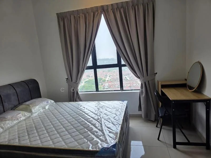 Bedroom features: king-size bed, upholstered headboard, white bedding, floor-to-ceiling window, grey curtains, wooden study desk, black chair, round mirror, tile flooring, decorative wall, city view; style: modern; view: city.