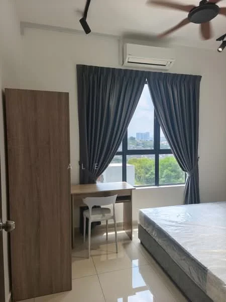 Bedroom features: queen-size bed, white bed frame, floor-to-ceiling window, grey curtains, wooden wardrobe, study desk, white chair, recessed downlights, ceiling fan with light, cream tiled flooring, air conditioning unit; style: modern; view: city.