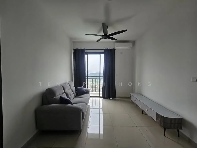 Living features: 3-seater fabric sofa in grey, 2 decorative cushions, wall-mounted TV console in light wood, floor-to-ceiling window, blackout curtains, 5-blade ceiling fan with light, split wall-mounted air conditioning unit, glossy tile flooring, neutral painted walls, view of the city skyline; style: modern; view: city.