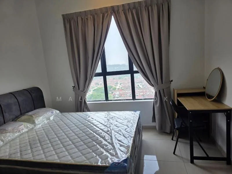 Bedroom features: queen-size bed, upholstered headboard, white bedding, floor-to-ceiling window, grey curtains, wooden desk, round mirror, tile flooring, city view; style: modern; view: city.