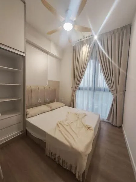 Bedroom features: queen-size bed, upholstered headboard, bedside lamps, curtains, floor-to-ceiling windows, 5-blade ceiling fan with light, light wood flooring, built-in wardrobe, decorative throw blanket; style: modern.