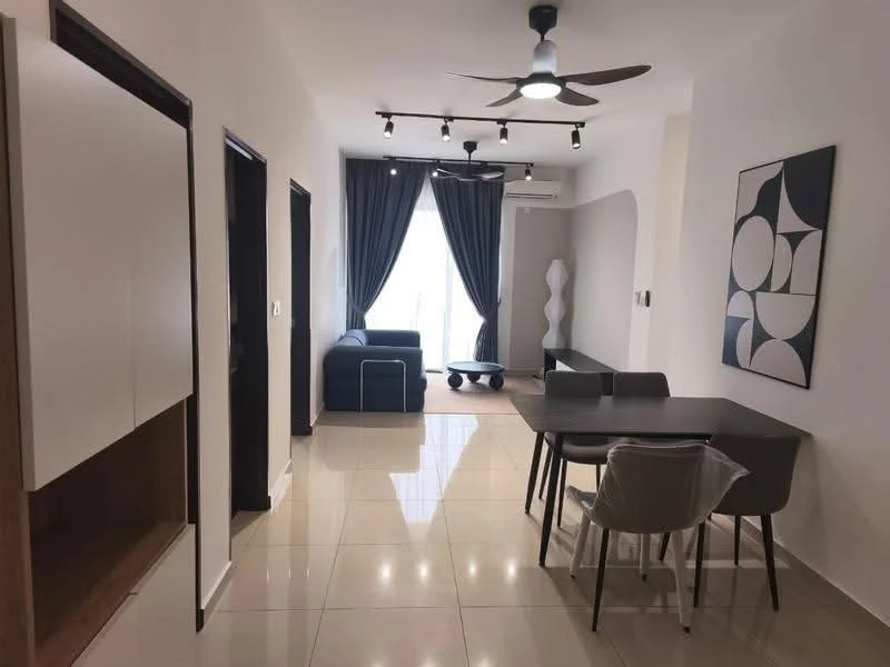Living features: white painted walls, glossy ceramic tile flooring, 5-blade ceiling fan with light, sofa in dark blue, coffee table, dining table with 4 chairs, floor-to-ceiling windows with sheer curtains, wall-mounted air conditioning unit, decorative wall art, light grey accent wall, open shelving unit; style: modern.