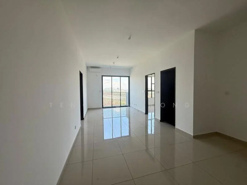 Living features: white painted walls, glossy tile flooring, floor-to-ceiling windows, sliding glass door, recessed downlights, 1 wall-mounted split AC, black door, white door, open layout, natural light from windows, view of outdoor space; style: modern; view: city.