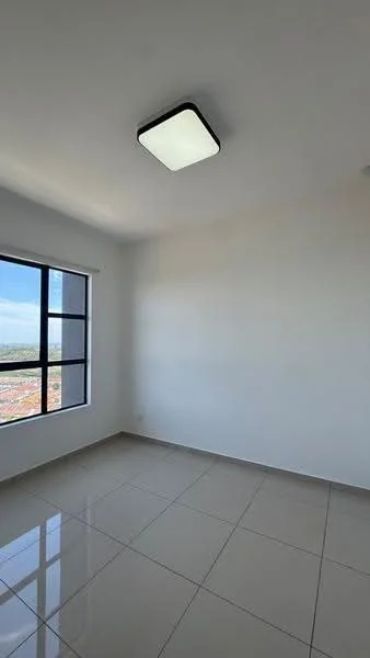 Room features: white painted walls, glossy ceramic tile flooring, square ceiling light fixture, floor-to-ceiling window, city view, neutral color palette; style: modern; view: city.