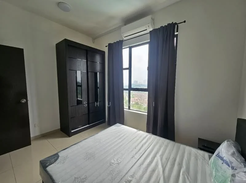 Bedroom features: queen-size bed, black wooden wardrobe with mirrored doors, floor-to-ceiling window, blackout curtains, light-colored tiled flooring, wall-mounted air conditioning unit, decorative wall, nightstand; style: modern; view: city.