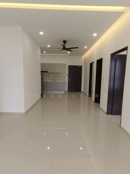 Room features: white painted walls, glossy tile flooring, recessed downlights, ceiling fan, open layout, kitchen area visible, doorway to other rooms, neutral color scheme; style: modern.