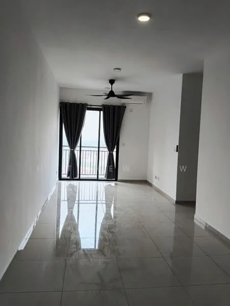 Living features: white painted walls, polished ceramic tile flooring, 5-blade ceiling fan with light, floor-to-ceiling sliding glass door, blackout curtains, air conditioning unit, recessed downlights; style: modern; view: city.
