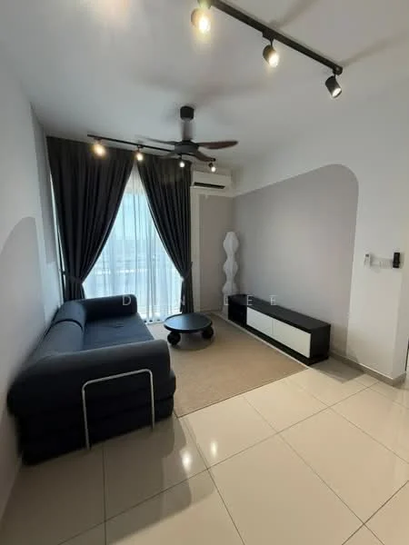 Living features: 3-seater fabric sofa in navy blue, round coffee table, area rug, floor-to-ceiling windows, sheer curtains, 5-blade ceiling fan with light, wall-mounted TV console, recessed LED downlights, polished tile flooring, air conditioning unit; style: modern.