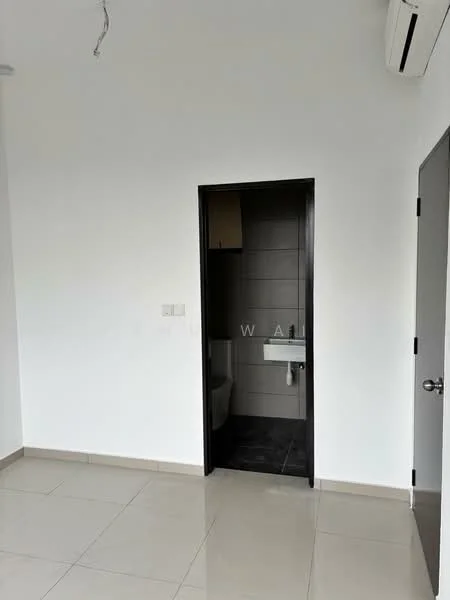 Room features: white painted walls, tile flooring, 1 wall-mounted split AC, doorway leading to bathroom, doorway leading to hallway, neutral color scheme, ceiling with no visible fixtures; style: modern.