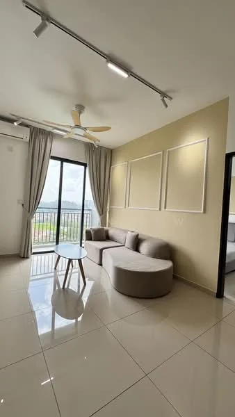 Living features: 3-seater curved fabric sofa in light grey, round glass coffee table, floor-to-ceiling window, sheer curtains, 5-blade ceiling fan with light, recessed LED downlights, cream painted walls, glossy ceramic tile flooring, balcony view, air conditioning unit; style: modern; view: city.