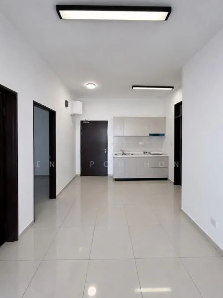 Room features: white painted walls, glossy ceramic tile flooring, recessed LED downlights, kitchen cabinetry in light color, stainless-steel sink, built-in countertop, single-bowl sink, door leading to hallway, door leading to exterior, open layout, neutral color scheme, no visible appliances; style: modern.