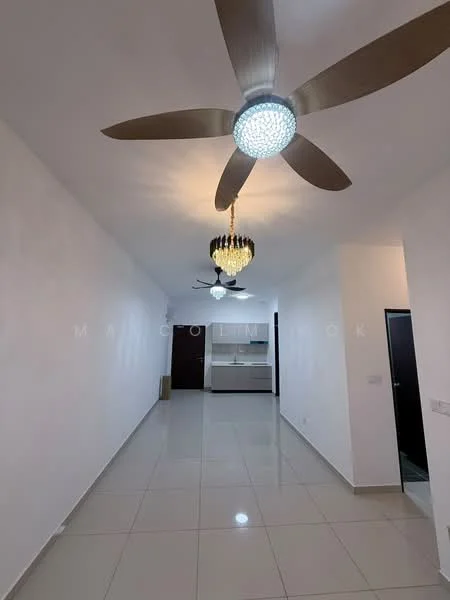 Room features: white painted walls, glossy ceramic tile flooring, 3-blade ceiling fan with integrated LED light, chandelier, open layout, recessed lighting, kitchen area visible in background; style: modern.
