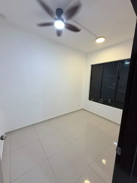 Room features: white painted walls, glossy ceramic tile flooring, ceiling fan with light, large window with black frame, no visible furniture, neutral color scheme, recessed ceiling light, minimalist design; style: modern.