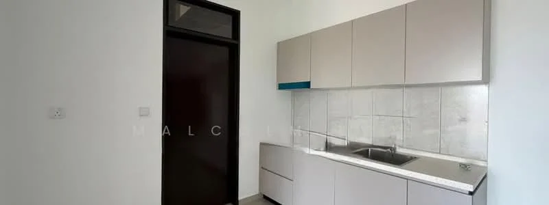 Kitchen features: light grey cabinetry, white countertop, stainless-steel sink, chrome faucet, white tiled backsplash, floor tiles, single wall cabinet, door leading to another room; style: modern.