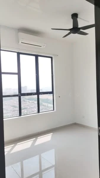 Bedroom features: floor-to-ceiling windows, white painted walls, polished tile flooring, 5-blade ceiling fan, wall-mounted split AC, natural light from window, city view, minimalist decor; style: modern; view: city.