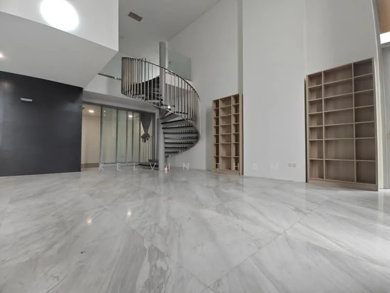 Living features: spiral staircase, marble flooring, high ceiling, built-in shelving, large windows, white painted walls, open layout, natural light; style: modern.