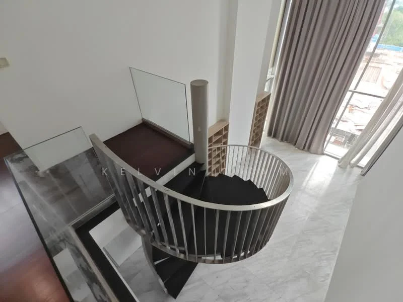 Room features: spiral staircase with metal railing, marble flooring, large windows with sheer curtains, wooden flooring, open space, balcony access, glass balustrade, natural light; style: modern; view: city.