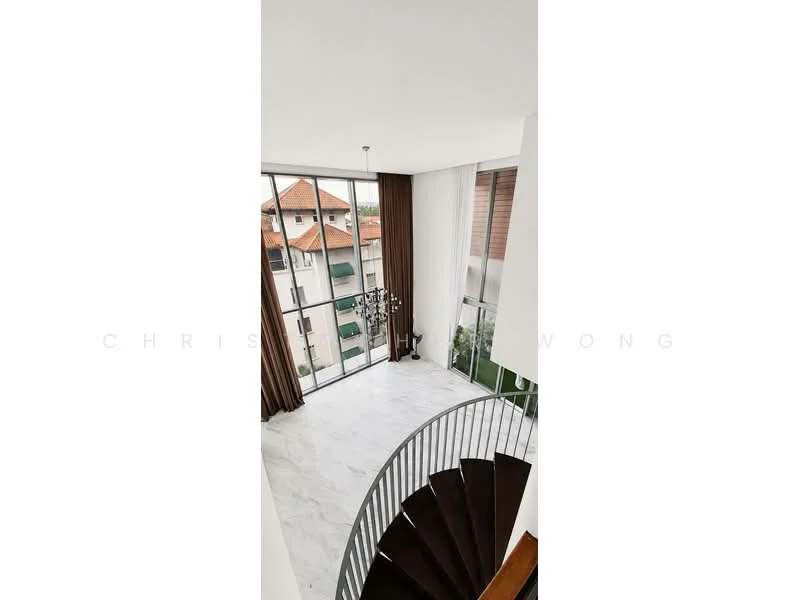 Room features: marble flooring, spiral staircase with wooden steps, floor-to-ceiling windows, sheer curtains, decorative plant, natural light, white walls, high ceiling; style: modern; view: garden.