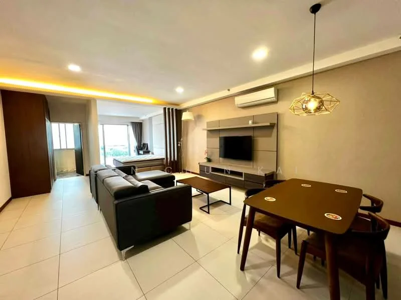 Living features: 3-seater leather sofa in dark grey, 2-seater leather sofa in dark grey, coffee table, wall-mounted TV, TV console, dining table for 4, wooden dining chairs, recessed LED downlights, air conditioning unit, cream painted walls, light-colored tiled flooring, decorative wall paneling, floor-to-ceiling windows with city view; style: modern; view: city.
