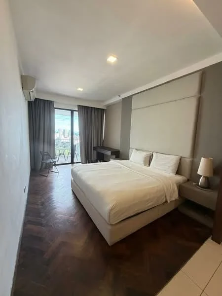Bedroom features: king-size bed with upholstered headboard, white bedding, two bedside lamps, wooden bedside table, floor-to-ceiling windows, grey curtains, wooden flooring, wall-mounted air conditioning unit, study desk, chair, city view; style: modern; view: city.