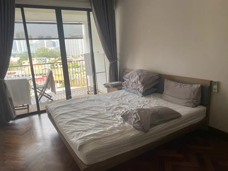 Bedroom features: king-size bed, upholstered headboard, bedding with pillows, parquet wood flooring, floor-to-ceiling windows, sliding glass door, curtains, balcony view; style: modern; view: city.