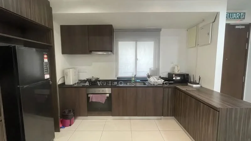 Kitchen features: dark wood cabinetry, black granite countertop, stainless-steel built-in oven, 4-burner gas hob, black refrigerator, white microwave, single-bowl stainless-steel sink, chrome pull-down faucet, tile flooring, window with sheer curtains, kitchen island with storage; style: modern.