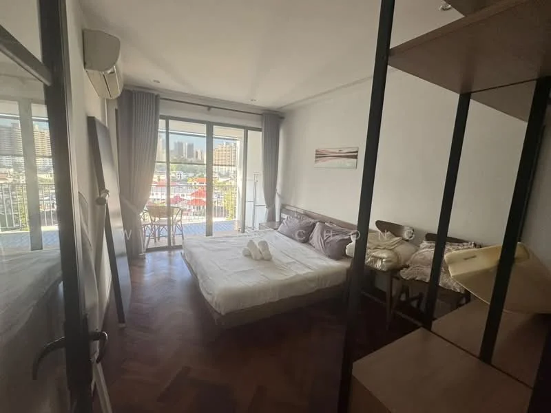 Bedroom features: king-size bed with white bedding, wooden headboard, 2 bedside tables, decorative wall art, floor-to-ceiling windows, sliding glass door, curtains, parquet wood flooring, air conditioning unit, built-in wardrobe, study desk, chair; style: modern; view: city.