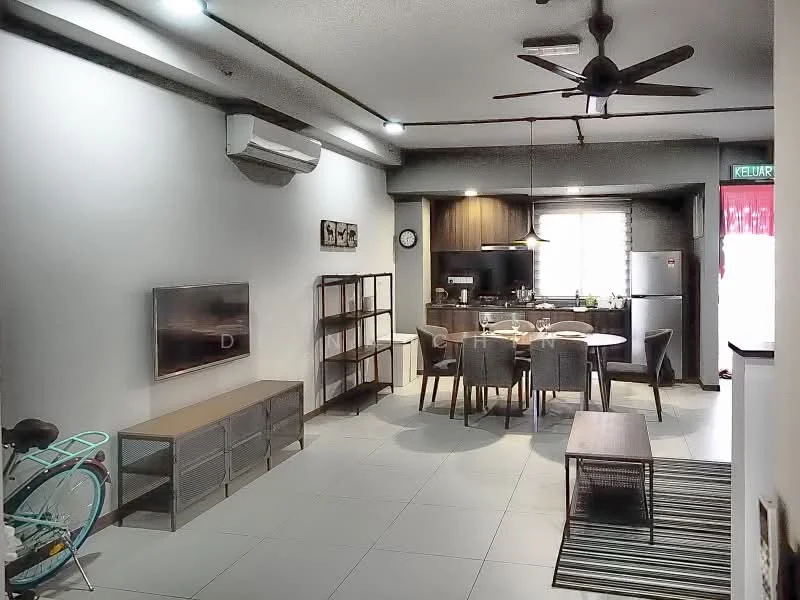 Living features: wall-mounted TV, 2-seater grey sofa, wooden coffee table, open shelving unit, 5-blade ceiling fan, recessed downlights, white painted walls, tile flooring, dining table with 4 chairs, kitchen area with fridge, window with sheer curtains, decorative wall art; style: modern.