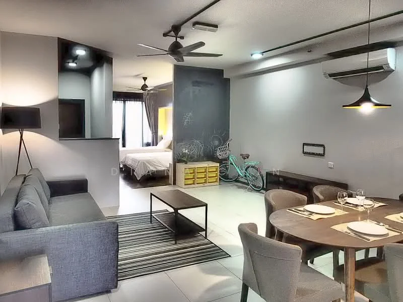 Living features: 3-seater fabric sofa in grey, coffee table, area rug with geometric pattern, wall-mounted TV, ceiling fan, recessed downlights, dining table with 4 upholstered chairs, decorative wall with chalkboard paint, sliding glass door, floor-to-ceiling windows, bicycle, open layout; style: modern. Bedroom features: queen-size bed, upholstered headboard, bedside lamps, built-in wardrobe, ceiling fan, natural light from windows; style: modern.