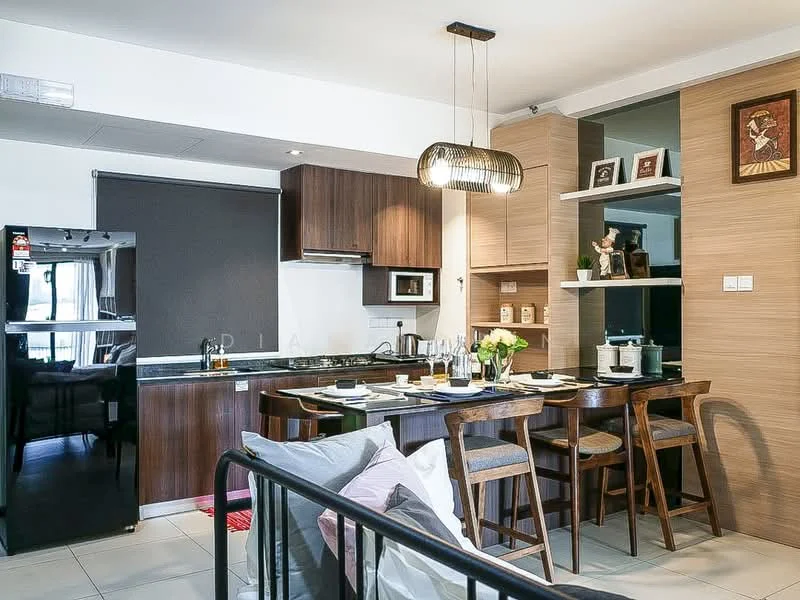 Kitchen features: black granite countertop, stainless-steel single-bowl sink, chrome pull-down faucet, built-in microwave, freestanding range oven, stainless-steel fridge, wood cabinetry, bar stools, pendant light, open shelving, dining table, ceramic tile flooring, white walls, window with sheer curtains; style: modern.
