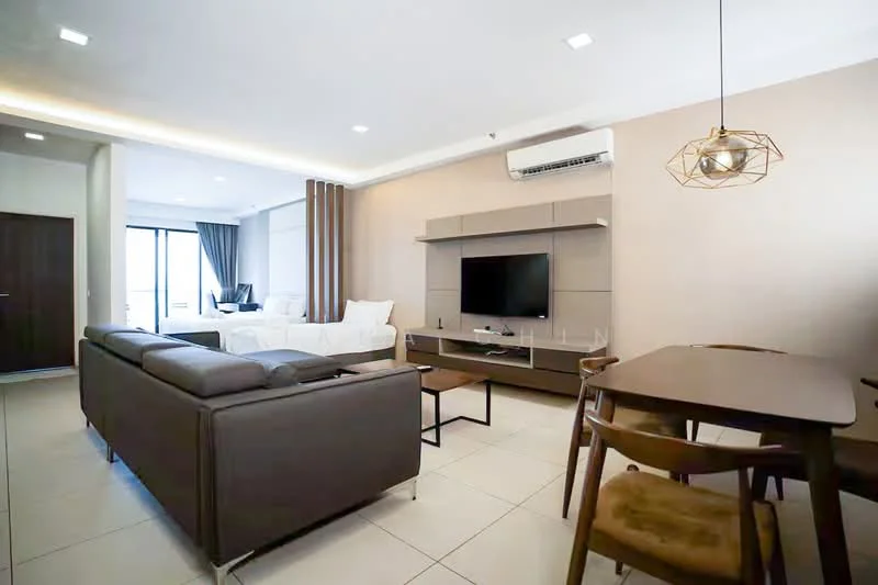 Living features: grey fabric sofa, coffee table, wall-mounted TV, TV console, dining table, wooden dining chairs, recessed downlights, air conditioning unit, floor-to-ceiling windows, curtains, light-colored walls, tile flooring; style: modern.