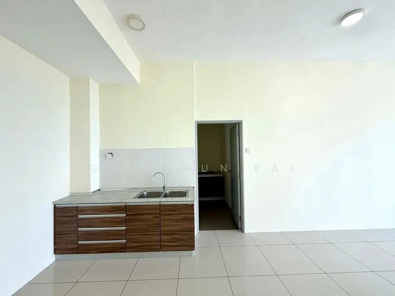 Kitchen features: single-bowl stainless-steel sink, chrome pull-down faucet, granite countertop, wood cabinetry with horizontal panels, white tiled backsplash, white walls, tile flooring, recessed ceiling lights; style: modern.