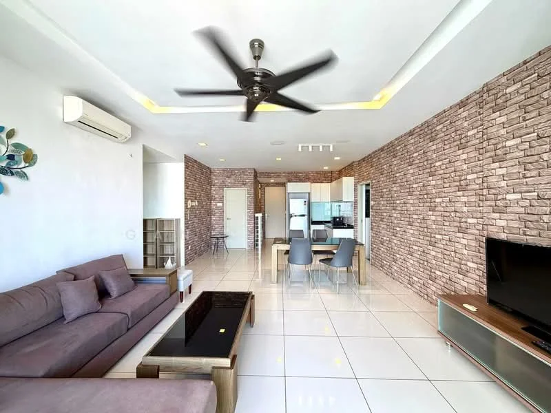Living features: 3-seater fabric sofa in brown, coffee table with glass top, wall-mounted TV, exposed brick accent wall, white painted walls, recessed downlights, 5-blade ceiling fan with light, large floor tiles, open-plan layout with dining area, sliding glass door to balcony, decorative wall art; style: modern. Dining features: 6-seater dining table, grey upholstered dining chairs, open shelving unit, white cabinetry, kitchen area visible in background; style: modern.