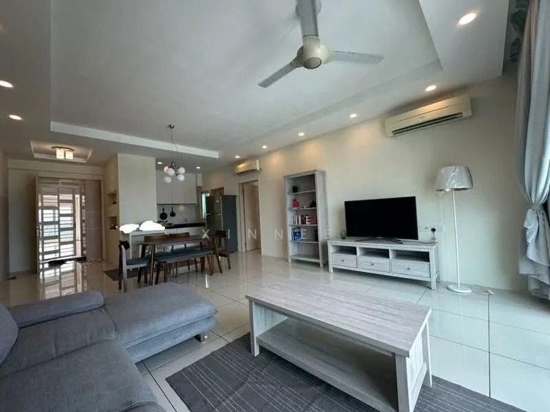 Living features: grey fabric sofa, coffee table with light wood finish, TV console with storage, wall-mounted TV, 5-blade ceiling fan with light, recessed downlights, white painted walls, tile flooring, large window with sheer curtains, area rug with geometric pattern; style: modern. Dining features: 6-seater dining table with dark wood finish, upholstered dining chairs, pendant lighting above dining table; style: modern. Kitchen features: open-plan kitchen layout, white cabinetry, stainless-steel appliances, countertop with breakfast bar; style: modern.