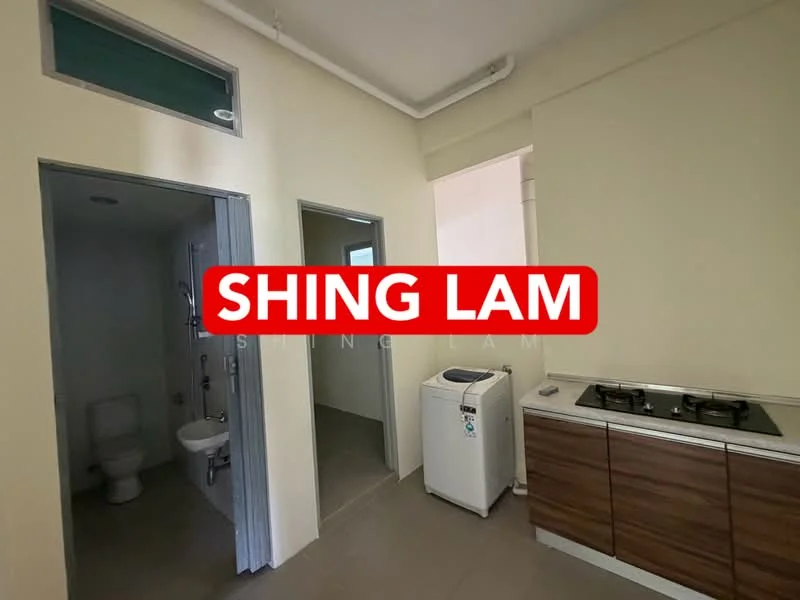 Kitchen features: brown wooden cabinetry, double-burner gas hob, white washing machine, grey tiled flooring, white painted walls, window for natural light, sink, countertop space; style: modern. Bathroom features: toilet, shower, grey tiled flooring, white painted walls.
