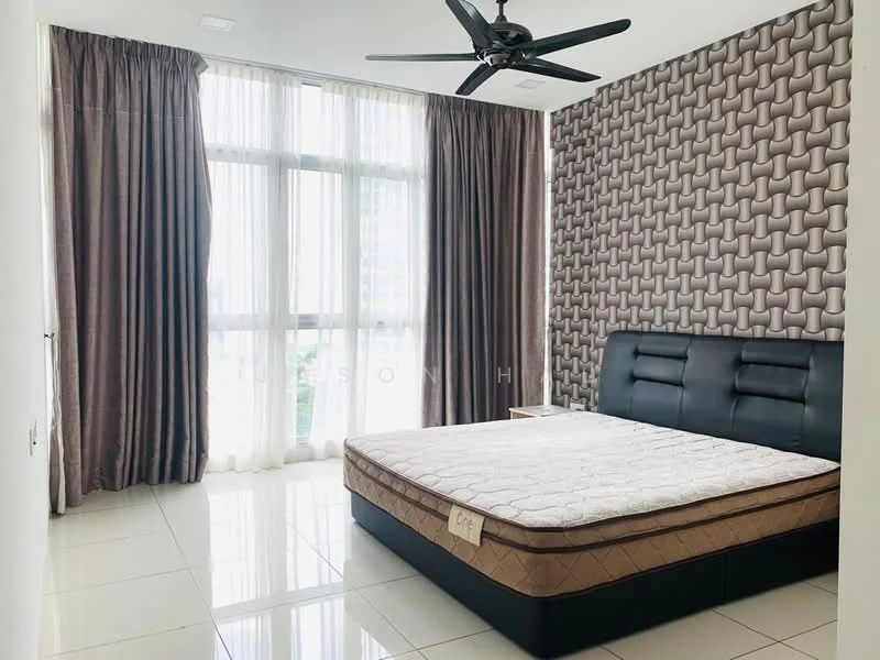 Bedroom features: king-size bed, upholstered headboard, floor-to-ceiling windows, sheer curtains, dark brown accent wall with woven pattern, white painted walls, polished tile flooring, 5-blade ceiling fan; style: modern; view: city.