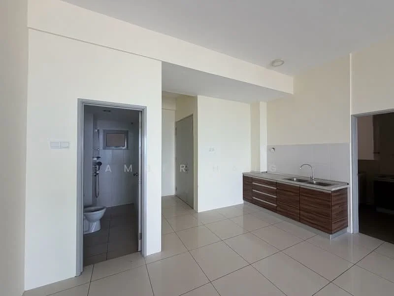Kitchen features: brown wooden cabinetry, stainless-steel sink, chrome faucet, white tiled backsplash, ceramic tile flooring, recessed downlights, open layout, counter space; style: modern. Bathroom features: one-piece toilet, white tiled walls, ceramic tile flooring, mirror, sink with cabinet.