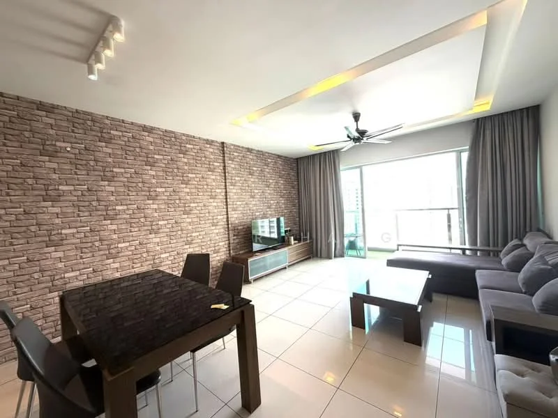 Living features: grey fabric sectional sofa, wood coffee table, black dining table with four chairs, floor-to-ceiling windows, sliding glass door, light grey curtains, exposed brick accent wall, recessed downlights, ceiling fan with light, white tiled flooring; style: modern; view: city.
