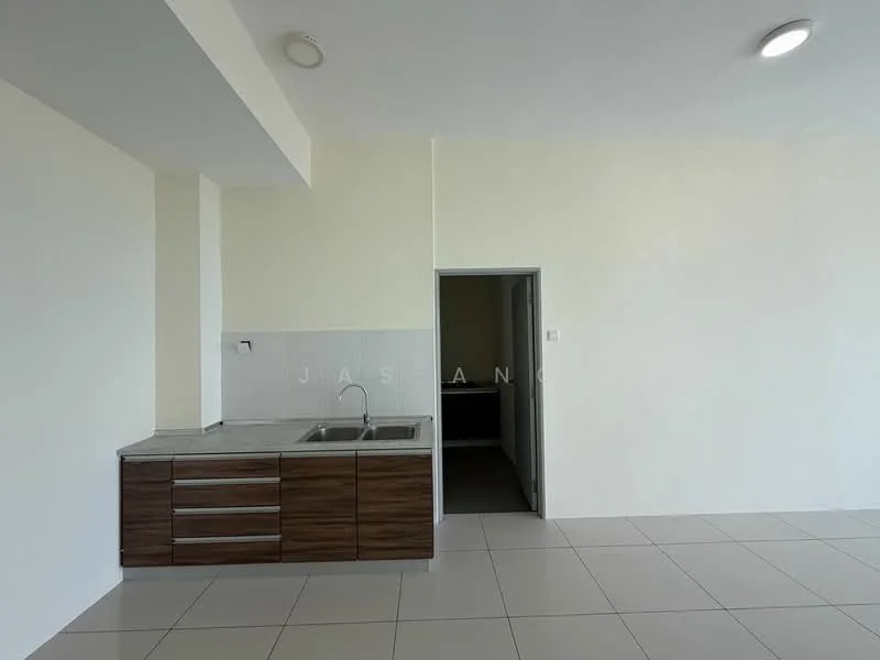 Kitchen features: single-bowl stainless-steel sink, chrome pull-down faucet, granite countertop, wood cabinetry with horizontal handles, white tiled backsplash, white walls, recessed downlights, large floor tiles, open layout, doorway leading to another room; style: modern.