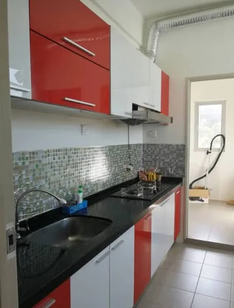 Kitchen features: red and white cabinetry, black granite countertop, double-bowl stainless-steel sink, chrome pull-down faucet, mosaic tile backsplash, built-in oven, freestanding range oven, ceramic tile flooring, window with view, kitchen appliances visible; style: modern.
