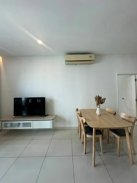 Dining features: dining table with 6 chairs, wall-mounted TV, white painted walls, tile flooring, 1 wall-mounted split AC, light fixture on ceiling, decorative vase on table; style: modern.