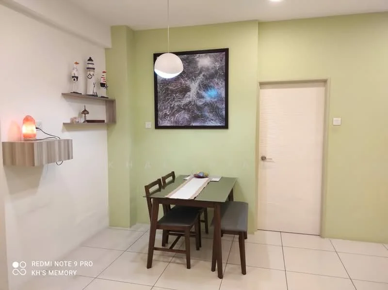 Dining features: green painted walls, white ceiling, tile flooring, wood dining table, 4 wooden dining chairs, framed artwork on wall, wall-mounted shelf, decorative lamp, door, light pendant; style: modern.