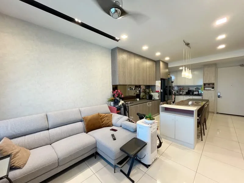 Living features: L-shape sectional sofa in light grey, decorative cushions in brown, coffee table, wall-mounted TV, recessed downlights, ceiling fan, white painted walls, glossy tile flooring, open-plan layout with kitchen, potted plants, kitchen island with seating, bar stools; style: modern. Kitchen features: stainless-steel sink, chrome pull-down faucet, granite countertop, wood cabinetry, built-in oven, freestanding range oven, microwave, refrigerator, pendant lighting, open shelving; style: modern.