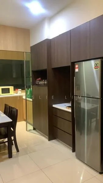 Kitchen features: dark wood cabinetry, white countertop, stainless-steel fridge, built-in microwave, ceramic tile flooring, glass partition, dining table with chairs, open shelving, under-cabinet lighting; style: modern.