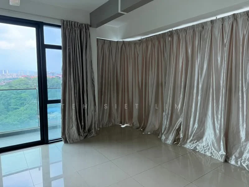 Room features: floor-to-ceiling windows, grey curtains, white walls, glossy tile flooring, city view, natural light, open layout; style: modern; view: city.