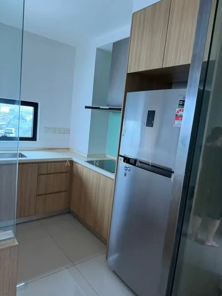 Kitchen features: light wood cabinetry, white countertop, stainless-steel fridge, built-in oven, glass backsplash, single-bowl stainless-steel sink, chrome pull-down faucet, ceramic tile flooring, wall-mounted range hood, window with view, open shelving; style: modern.