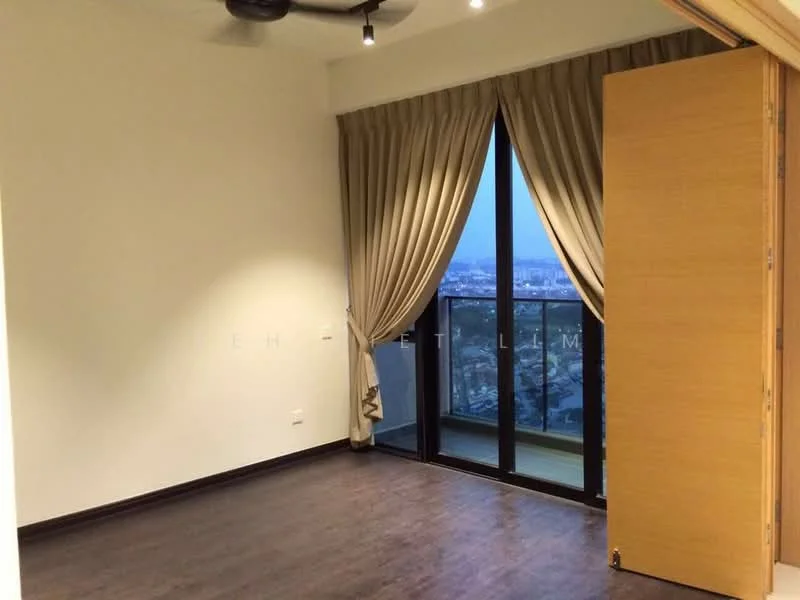 Bedroom features: wooden flooring, white painted walls, floor-to-ceiling windows, sheer curtains, ceiling fan, built-in wardrobe, city view; style: modern; view: city.