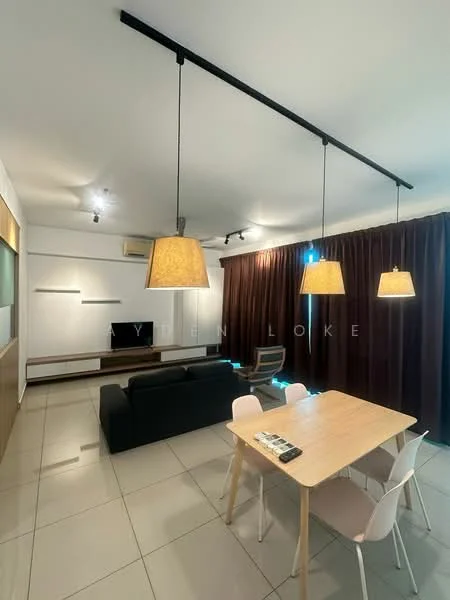 Living features: 3-seater fabric sofa in black, wooden coffee table, wall-mounted TV, TV console, recessed downlights, 3 pendant lamps with fabric shades, dark brown curtains, tile flooring, air conditioning unit, dining table with 4 chairs; style: modern.